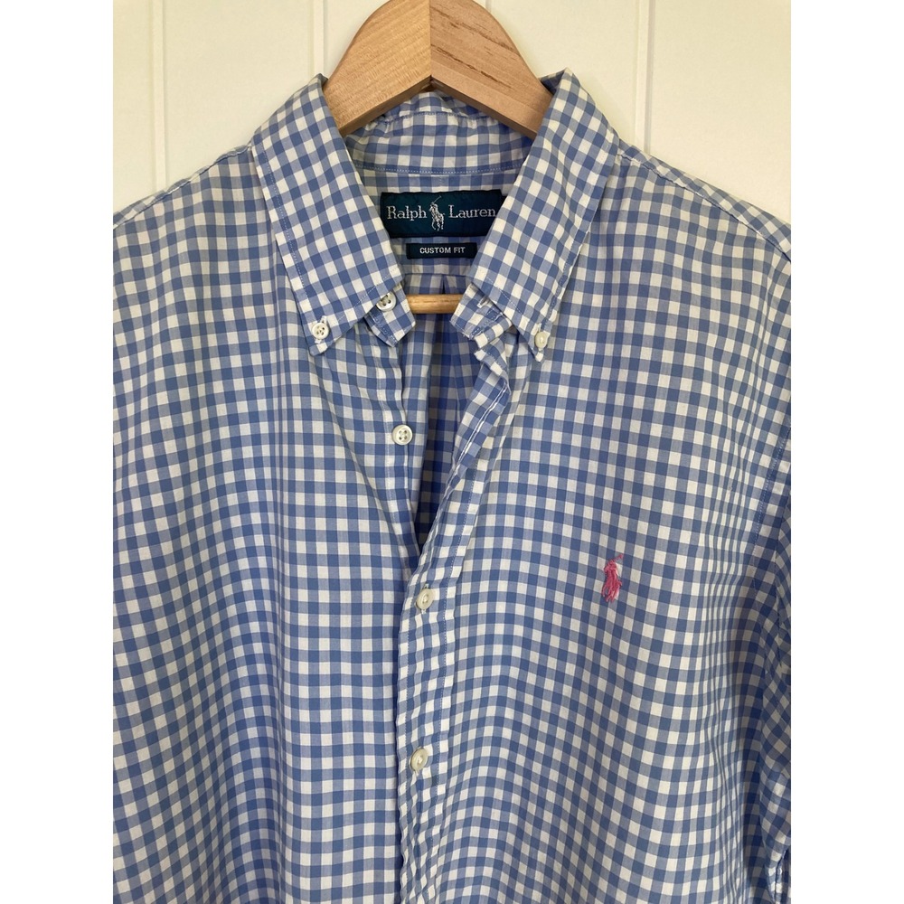 Ralph Lauren Mens Custom Gingham Button Down Shirt Blue White Large Pink Pony - Picture 3 of 6
